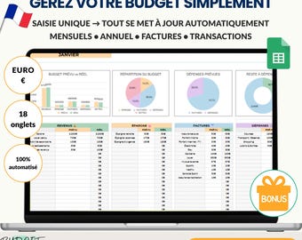 Puede incluir: Una pantalla de portátil que muestra una plantilla de presupuesto de Google Sheets. La plantilla incluye gráficos y tablas para el seguimiento de las finanzas, con texto en francés. Incluye actualizaciones automáticas, seguimiento mensual y anual, y un bono.