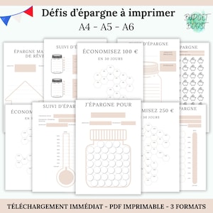 Peut inclure: Plusieurs défis d'épargne à imprimer, avec des illustrations de pots, de tirelires et de graphiques. Les textes incluent "Économisez 100 € en 30 jours" et "Téléchargement immédiat - PDF imprimable - 3 formats". Formats A4, A5 et A6.
