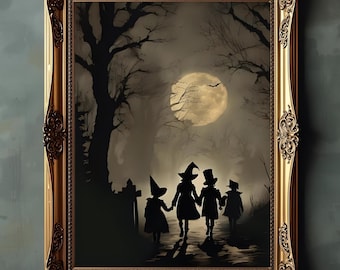 May include: A framed artwork with a gold ornate frame. The image depicts four silhouetted figures in witch hats walking on a path towards a full moon in a dark, spooky forest scene. The artwork is mounted on a teal wall.
