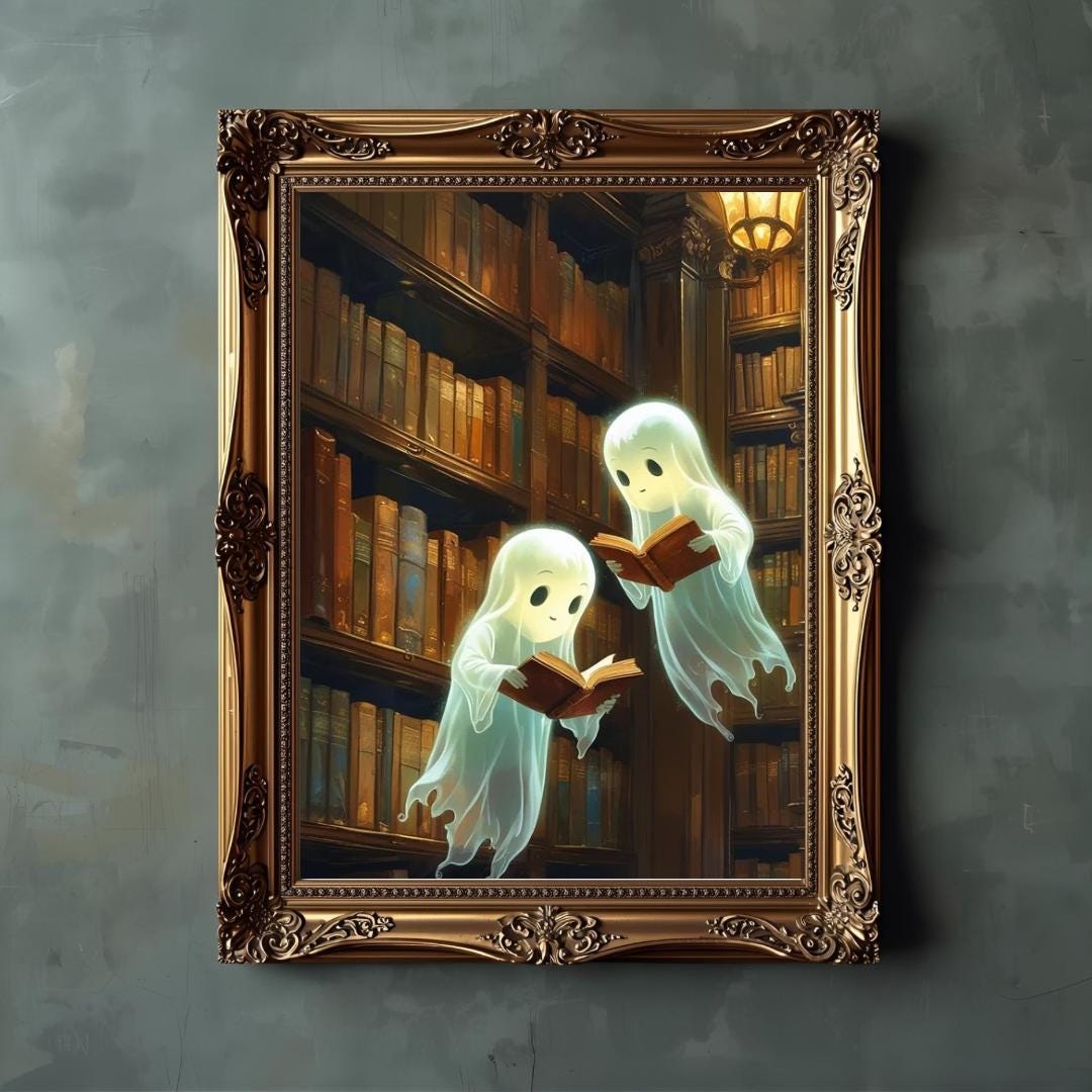 Ghosts Reading in Library Printable | Whimsical Ghost Wall Art | Spooky ...