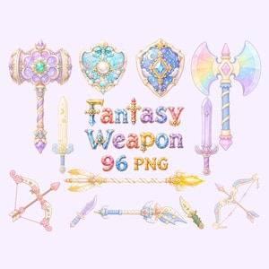 May include: A collection of illustrated fantasy weapons including a hammer, shields, axes, swords, bows, and arrows with pastel and jewel-toned colours. The text Fantasy Weapon 96 PNG is centred among the items, featuring decorative, colourful lettering.