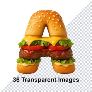Op de afbeelding: Een hamburger in de vorm van de letter "A". De hamburger heeft een sesambroodje, kaas, sla, tomaat en een runderburger. De tekst "36 Transparent Images" staat onderaan.