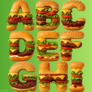 Burger Font Alphabet Clipart – 36 PNG, Food Letter Stickers (digital ...