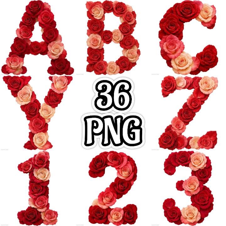 Rose Flower Alphabet PNG Bundle, Floral Letters & Numbers (digital ...