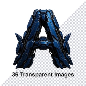 May include: A metallic blue letter "A" with a futuristic, mechanical design. The letter is composed of interconnected geometric shapes and has a textured appearance. The image also includes the text "36 Transparent Images" at the bottom.