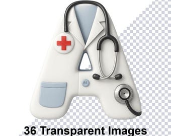 May include: A white letter "A" shaped like a doctor's coat, with a red cross, stethoscope, and light blue accents. The text "36 Transparent Images" is at the bottom.