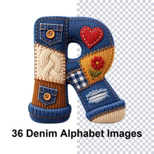 May include: A decorative letter R crafted from a patchwork of blue denim, cream cable knit, and brown corduroy fabrics. It features a red heart patch, a red flower embroidery, a blue gingham square, a denim pocket with a button, and frayed edges.