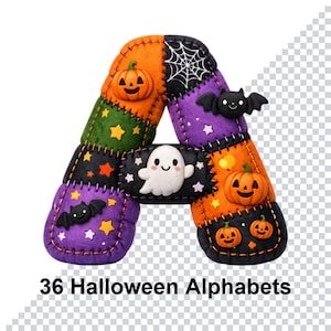 May include: A patchwork letter "A" in Halloween colours, featuring pumpkins, bats, a spiderweb, and a ghost. The text "36 Halloween Alphabets" is displayed below the letter. The letter is made of various fabric patches.