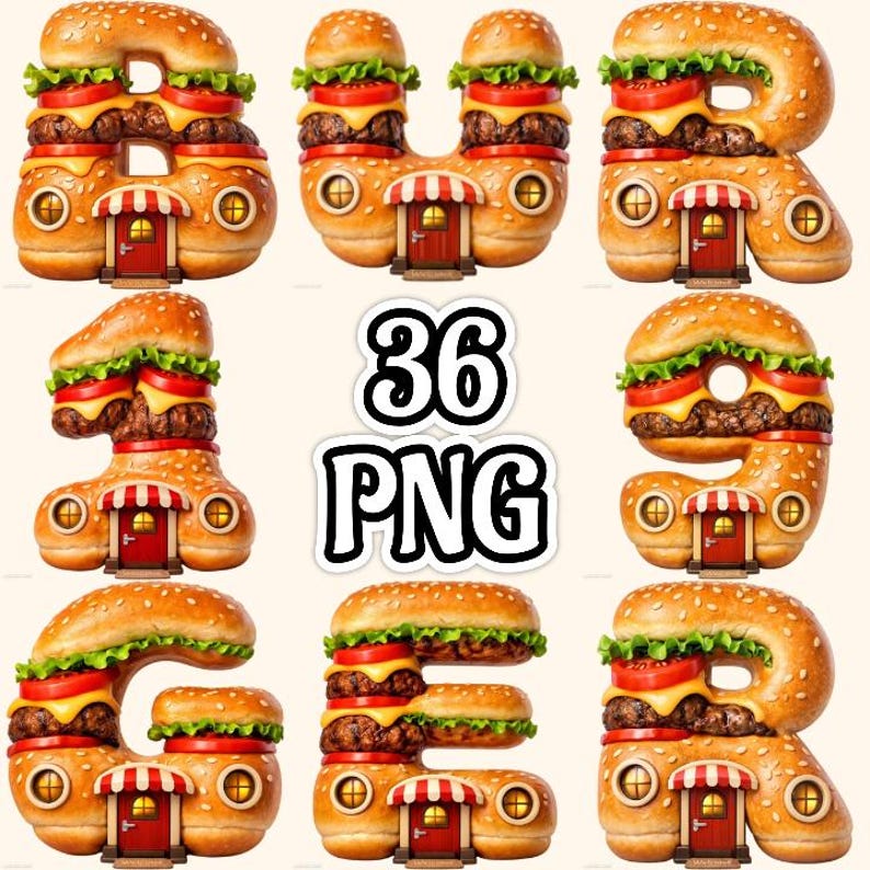 Burger Alphabet PNG Bundle, Fast Food Letters Numbers, Cartoon ...