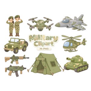 May include: A collection of military-themed digital illustrations featuring two soldiers in camouflage uniforms, a drone, a fighter jet, a jeep, a helicopter, two rifles, a tent, and a tank. The central text reads Military Clipart 74 PNG.