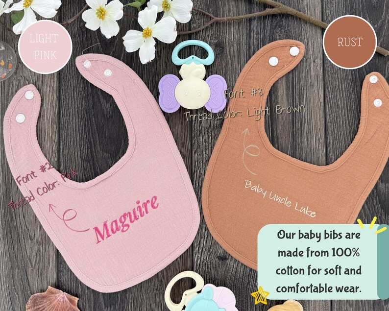 Our baby bibs are made from 100% cotton for soft and comfortable wear.