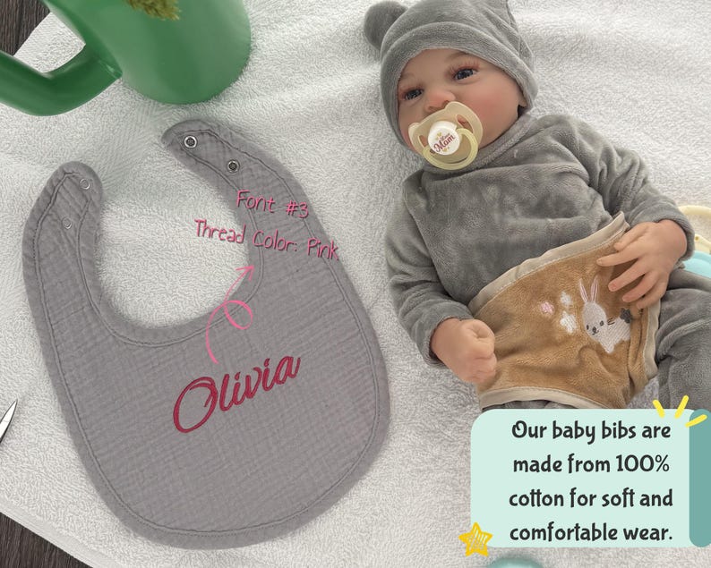 Our baby bibs are made from 100% cotton for soft and comfortable wear.