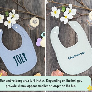 Our embroidery area is 4 inches. Depending on the text you provide, it may appear smaller or larger on the bib.