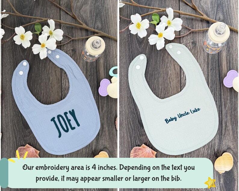 Our embroidery area is 4 inches. Depending on the text you provide, it may appear smaller or larger on the bib.