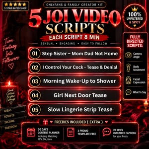 以下が含まれることがあります： 各8分のJOI動画スクリプト5本を紹介するデジタル画像。タイトルにはStep Sister、I Control Your Cock、Morning Wake-Up、Girl Next Door、Slow Lingerie Strip Teaseが含まれます。30日間のコンテンツプランナーとプロモーション用テンプレートが付属しています。