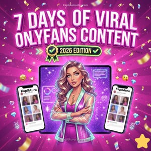 May include: Digital illustration with a pink and purple theme. The image features the text "7 DAYS OF VIRAL ONLYFANS CONTENT" and "2026 EDITION". A woman is in the center, with two smartphones and a tablet displaying content.