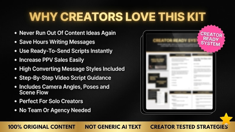 OnlyFans creator content toolkit showing benefits including captions, PPV message scripts, DM scripts, Fansly content ideas, solo creator content planner and engagement scripts for OnlyFans and Fansly creators