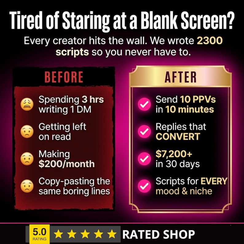 OnlyFans PPV Scripts Before After Results | Stop Writing DMs From Scratch | Voice Note Scripts Mass DM Sexting Scripts That Convert | Earn $7200 Monthly | Fansly Chatter Script Kit Instant Download
