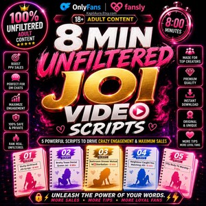 Op de afbeelding: Een digitale promotieafbeelding voor 8 minuten durende ongefilterde JOI-videoscripts. Het ontwerp bevat dikke gouden en witte tekst, roze neonaccenten en vijf spiraalgebonden notitieblokken genummerd van 01 tot 05, elk met een silhouetillustratie.