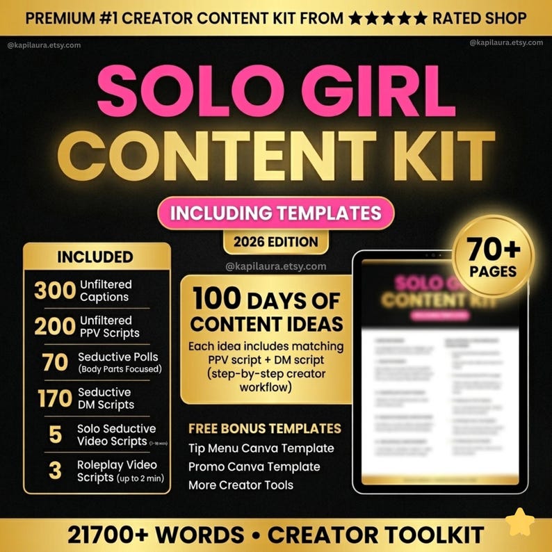 OnlyFans Content Kit for creators including 300 captions, PPV scripts, DM scripts, Fansly content ideas, 100 day content planner, solo video scripts and Canva templates for OnlyFans creators and chatter engagement toolkit