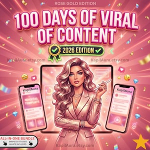Puede incluir: Ilustración digital en oro rosa con el texto "100 Days of Viral Content 2026 Edition." La imagen presenta a una mujer con un traje rosa, dos smartphones y una tableta. También incluye el texto "All-in-one bundle."
