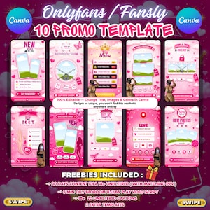 Può includere: Un modello Canva rosa con il testo "Onlyfans / Fansly 10 PROMO TEMPLATE". Il modello include vari design promozionali con testo come "New Video", "Bathroom Video" e "Mega Bundle". Il modello include anche il testo "Freebies Included".