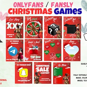 Puede incluir: Un gráfico promocional rojo con temática navideña, con texto como "Christmas Games" y "Exclusive Box". La imagen incluye varios iconos y elementos de texto, como un logotipo de Telegram y un logotipo de Snapchat. También está presente la frase "Easily Editable in Canva".