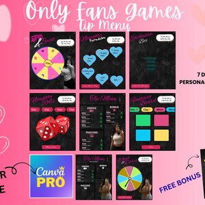 May include: A pink and black digital graphic with the text "Only Fans Games Tip Menu." The image features various game boards, including a spin wheel, dice, and heart-shaped options. The Canva Pro logo and the text "1 Year Free" are also visible.