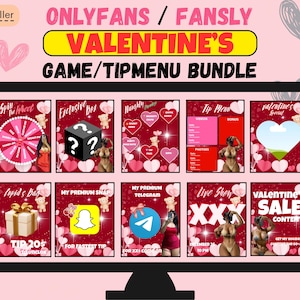 Puede incluir: Una pantalla digital que presenta un paquete de juegos y menús de propinas con temática de San Valentín. La pantalla muestra varias opciones, incluyendo una ruleta, una caja exclusiva y un menú de propinas, con texto como "Valentine's Sale Content".
