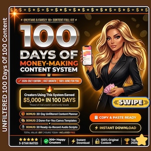 Puede incluir: Gráfico de marketing digital con el texto "100 Días de Sistema de Contenido para Ganar Dinero". La imagen muestra a una mujer sosteniendo un teléfono y dinero, con texto sobre bonos y descarga instantánea.
