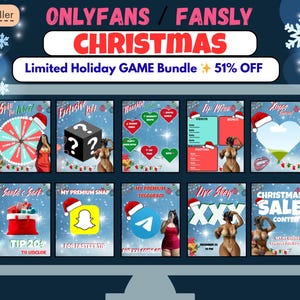 Puede incluir: Una pantalla de ordenador muestra un paquete de juegos con temática navideña con el texto "ONLYFANS / FANSLY CHRISTMAS" y "Limited Holiday GAME Bundle 51% OFF." La pantalla muestra varias opciones de juego con gorros de Papá Noel.