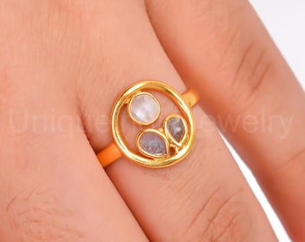 Regenbogen Mondstein Ring: Polki Diamant, 18k vergoldet 925 Sterling Silber Schmuck