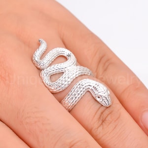 Puede incluir: Un anillo de serpiente plateado. El anillo se enrolla alrededor del dedo, con la cabeza y la cola de la serpiente uniéndose. La serpiente tiene escamas texturizadas y pequeños ojos rojos. La joya está sobre un fondo claro.