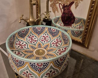 Moroccan Hand-Painted Ceramic Sink – Colorful Bathroom Basin | Boho Vanity Vessel, Artisan Wash Basin