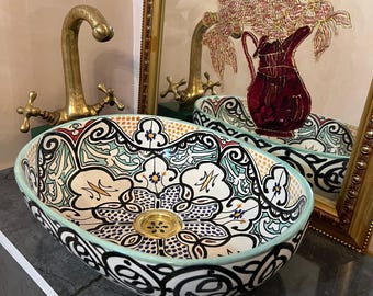 Hand Painted Moroccan Ceramic Sink, Green White Vessel Bathroom Basin