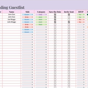 Può includere: Un foglio di calcolo della lista degli invitati al matrimonio con colonne per nome, lato, categoria, data, invito, RSVP e requisiti dietetici. Le prime righe mostrano i nomi e i dettagli degli invitati.