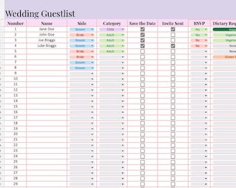 Simple Wedding Guestlist Google Sheets Template | Wedding Planning