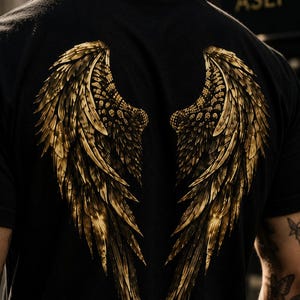Könnte beinhalten: Ein schwarzes T-Shirt mit einer großen, detaillierten Grafik goldener Engelsflügel auf der Rückseite. Die Flügel sind in metallischen Gold- und Dunkelbrauntönen gehalten und zeigen komplexe Federstrukturen. Der Text SOUL BY ASLI ist im Hintergrund zu sehen.