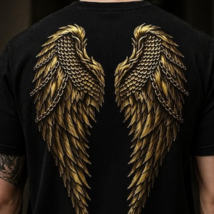 May include: Black t-shirt with a gold-coloured wing design on the back. The wings have detailed feathering and chains, creating a striking visual effect. The design is centered on the back of the shirt.