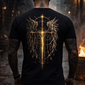 May include: A black short-sleeve t-shirt featuring a large graphic on the back. The design displays a glowing golden sword positioned vertically, flanked by detailed feathered wings and intricate line work, creating a radiant, symmetrical emblem.