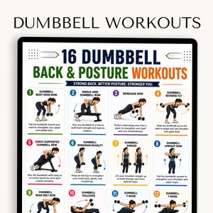 Puede incluir: Una tableta digital que muestra una tabla de ejercicios titulada 16 DUMBBELL BACK & POSTURE WORKOUTS, con doce ilustraciones numeradas de ejercicios con instrucciones de texto, acompañada de un lápiz óptico blanco a la derecha.