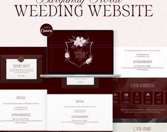 Webbplatsmall för bröllop med vinröda blommor: Redigerbar Canva-design (digital nedladdning)