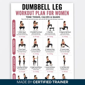 May include: A white informational poster titled DUMBBELL LEG WORKOUT PLAN FOR WOMEN. It features illustrations of various exercises like goblet squats, lunges, and calf raises, organized into categories with text instructions and repetition counts.