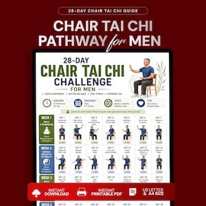 28 Day Chair Tai Chi Challenge for Men, Seated Tai Chi Exercise Chart, Balance Mobility Workout, Low Impact Fitness Guide