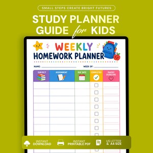 Puede incluir: Un planificador semanal de tareas para niños con un encabezado colorido que incluye una estrella sonriente, una mochila azul y una manzana. La cuadrícula incluye columnas para materia, tarea, fecha de entrega, casilla de verificación y firma.