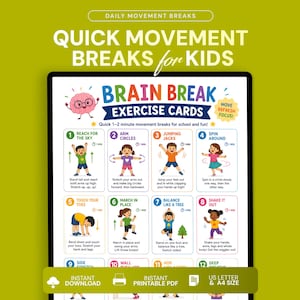 May include: A digital poster titled Brain Break Exercise Cards featuring twelve illustrated movement activities for children. Each numbered box includes a colorful cartoon character demonstrating a specific physical exercise with text instructions.