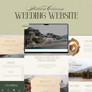 以下が含まれることがあります： 「Italian Charm WEEDING WEBSITE」のテキストが表示された結婚式のウェブサイトを表示するラップトップ。ウェブサイトには、海岸沿いの町の写真、RSVPの詳細、金色のフレームの写真が表示されています。 Canvaでデザインされています。