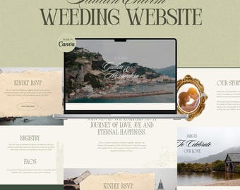 May include: A laptop displaying a wedding website with the text "Italian Charm WEEDING WEBSITE." The website features a photo of a coastal town, RSVP details, and a gold framed photo. The website is designed in Canva.