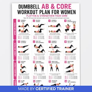 Könnte beinhalten: Ein weißes Trainingsposter mit dem Titel DUMBBELL AB & CORE WORKOUT PLAN FOR WOMEN. Es enthält sechzehn nummerierte Übungsillustrationen mit Anleitungen in schwarzem Text und Wiederholungszahlen, unterteilt in Kategorien für Bauchmuskeln.