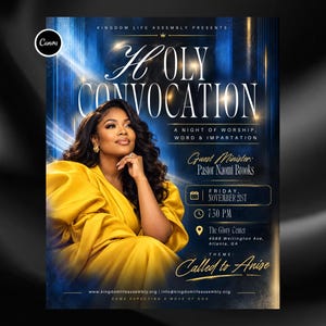 Op de afbeelding: Een digitale evenementflyer voor een Holy Convocation met een persoon in een gele jurk. De tekst bevat Kingdom Life Assembly Presents, Holy Convocation, A Night of Worship, Word & Impartation, Guest Minister Pastor Naomi Brooks, 21 november.
